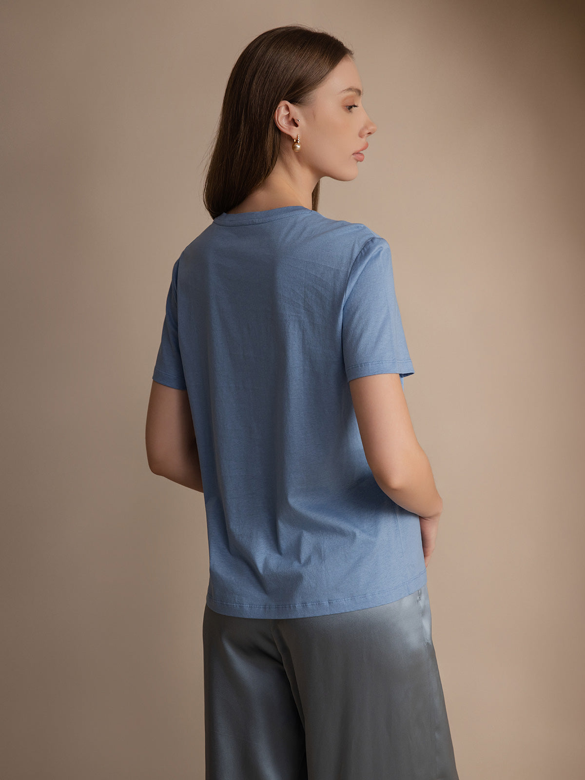 [Blå] SilkSilky-DK Silk Knitted Short Sleeve Round Neck T-shirt til kvinder 002