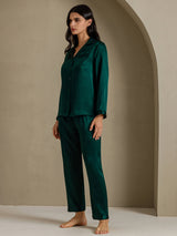 [Mørkegrøn] SilkSilky-DK Long Sleeve Lapel Collar Dame Pyjamas 007