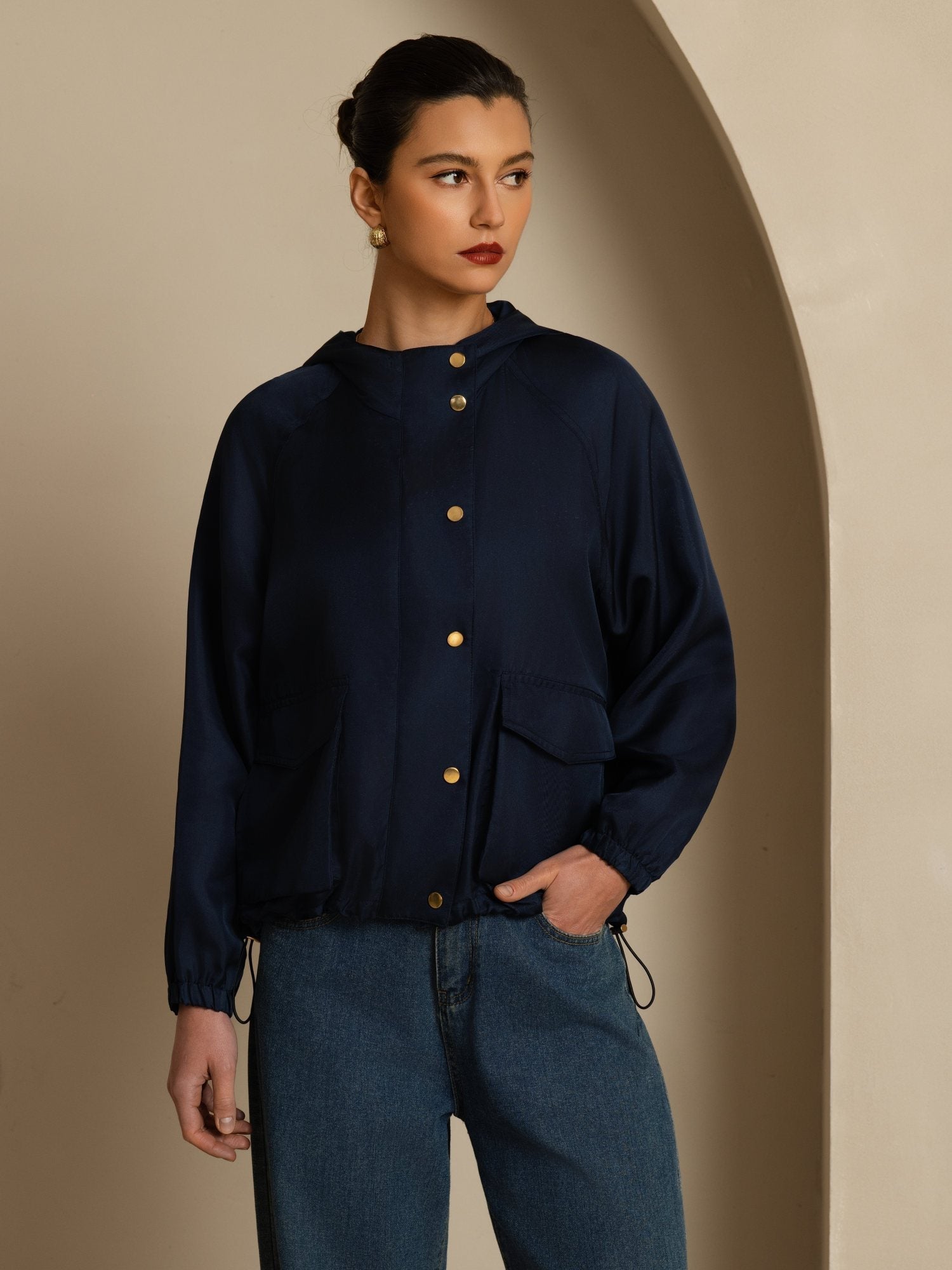 [Mørkeblå] SilkSilky-DK Langærmet Høj Hals Overtøj til Kvinder 004