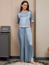 [Gråblå] SilkSilky-DK Halv ærme Rund Hals Dame Pyjamas 005