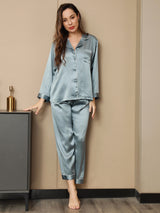[Stål Blå] SilkSilky-DK Long Sleeve Lapel Collar Dame Pyjamas 002