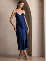 [Mørkeblå] SilkSilky-DK Sleeveless V Neck Kjole 005