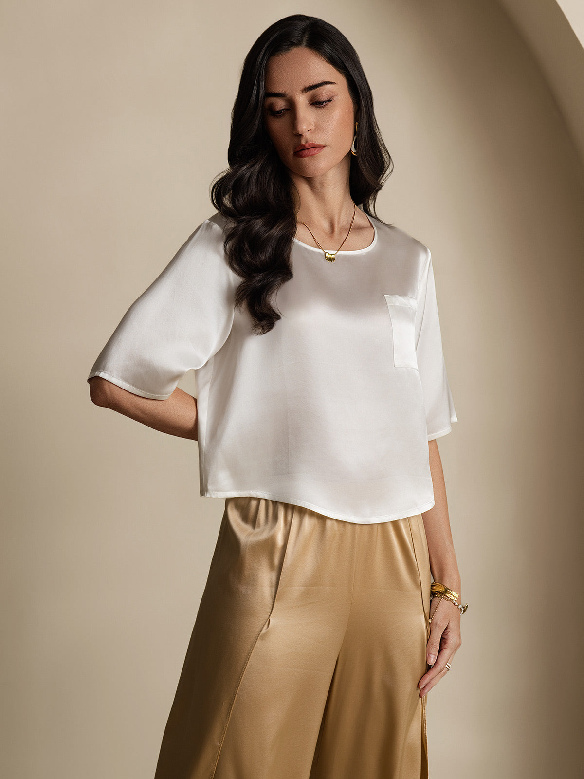 [Hvid] SilkSilky-DK Pure Silk Half Sleeve Boat Neck T-shirt til kvinder 006