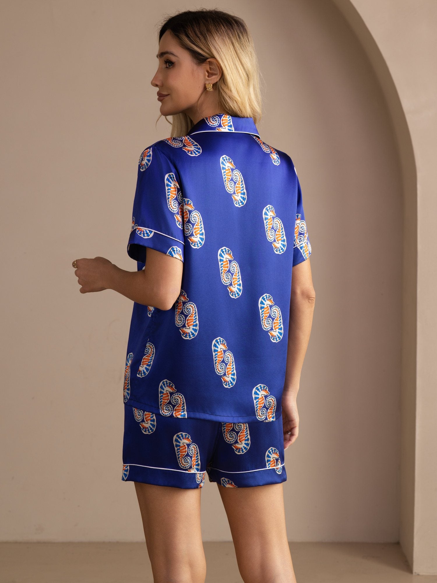 [Marineblå Søhest] SilkSilky-DK Short Sleeve Lapel Collar Dame Pyjamas 002