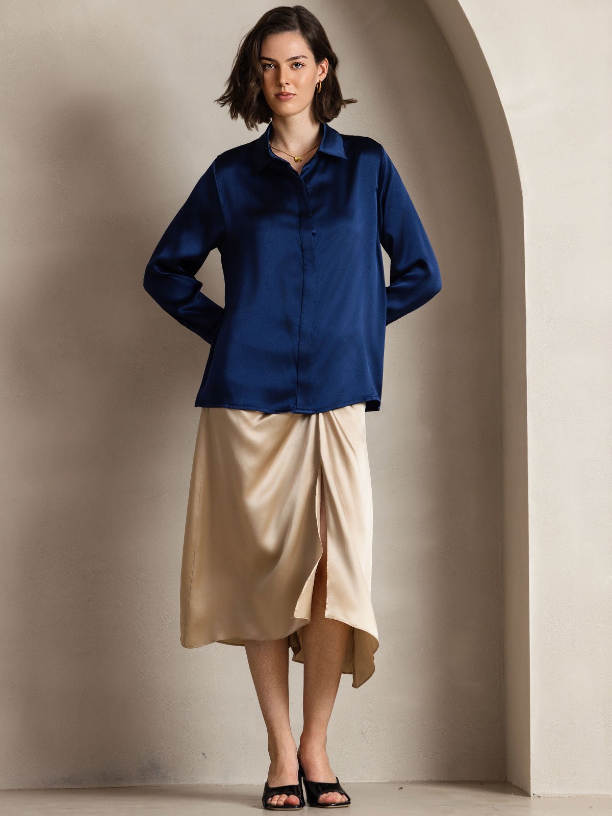 [Mørkeblå] SilkSilky-DK 19Momme Silke Womens Shirt 004