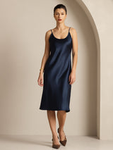 [Mørkeblå] SilkSilky-DK Sleeveless U hals Kjole 001