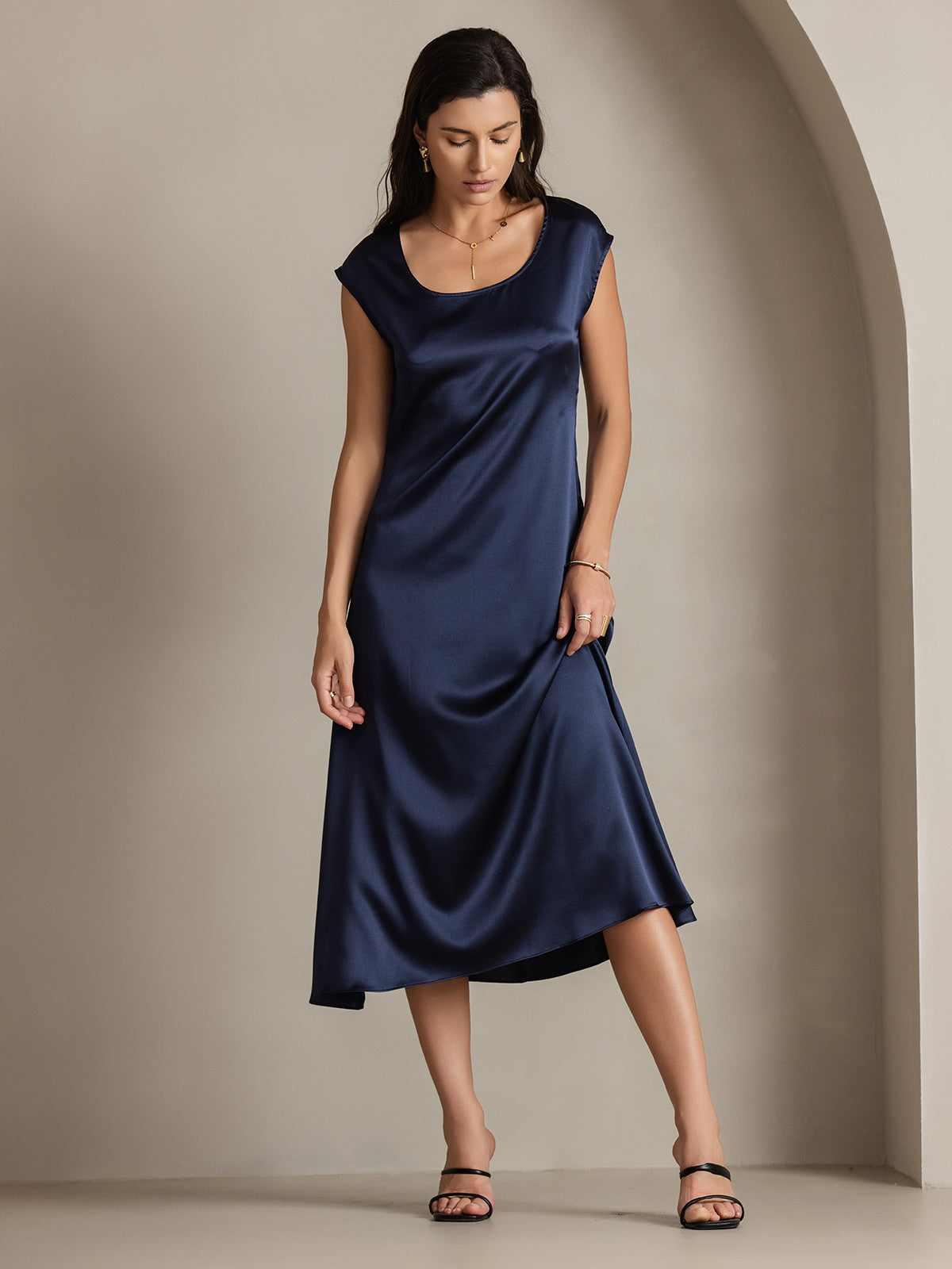 [Mørkeblå] SilkSilky-DK 19Momme Silke Dress 004