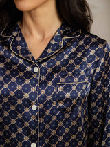 [Marine Kæde] SilkSilky-DK Long Sleeve Lapel Collar Dame Pyjamas 006