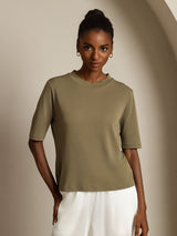 [Brændt Oliven] SilkSilky-DK Half Sleeve Crew Neck T-shirt til kvinder 001