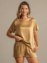 [Tan] SilkSilky-DK 19Momme Kort ærme Rund Hals Dame Pyjamas 003
