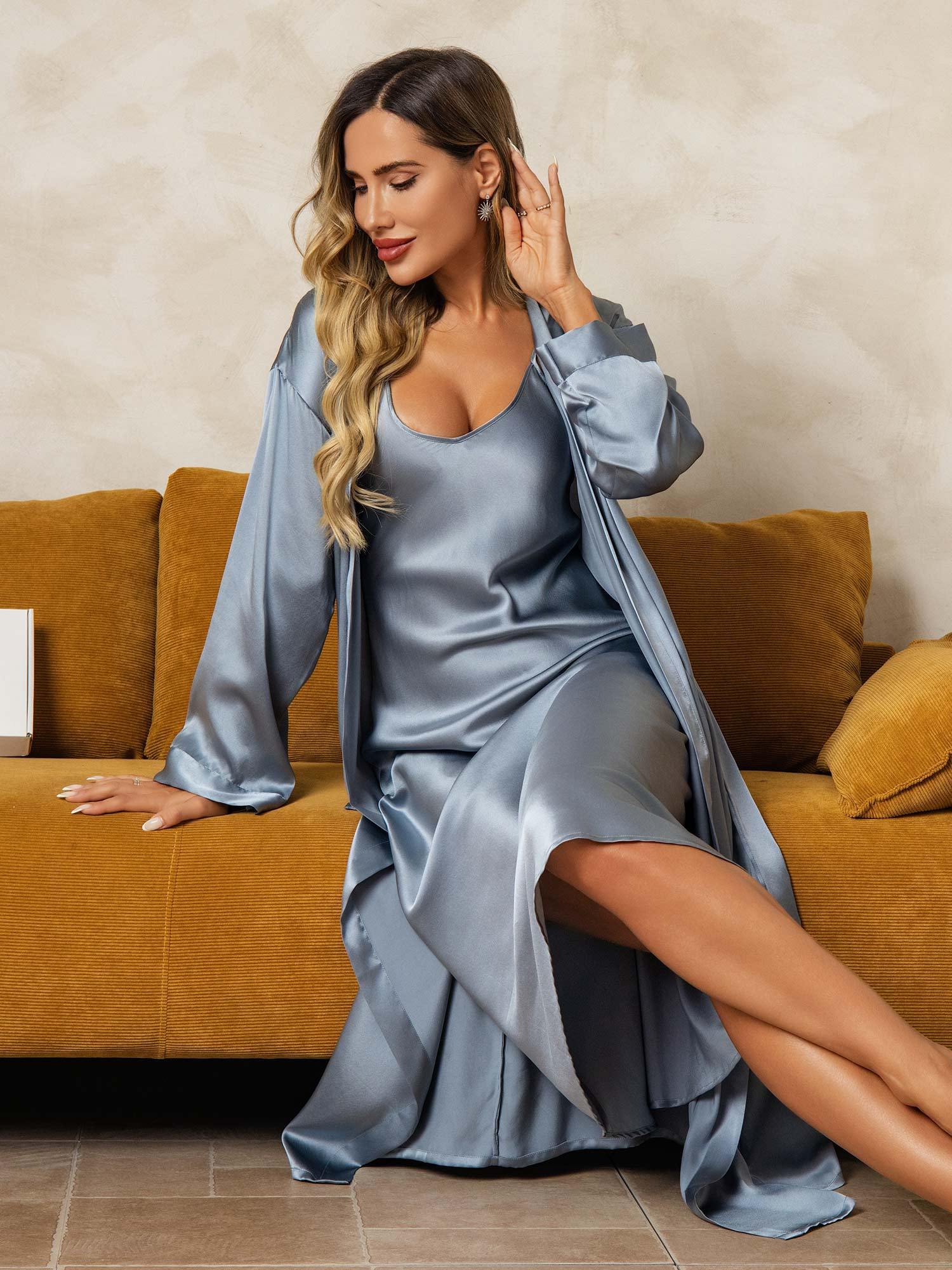 [Gråblå] SilkSilky-DK Silke Nightgown&Robe Set 009