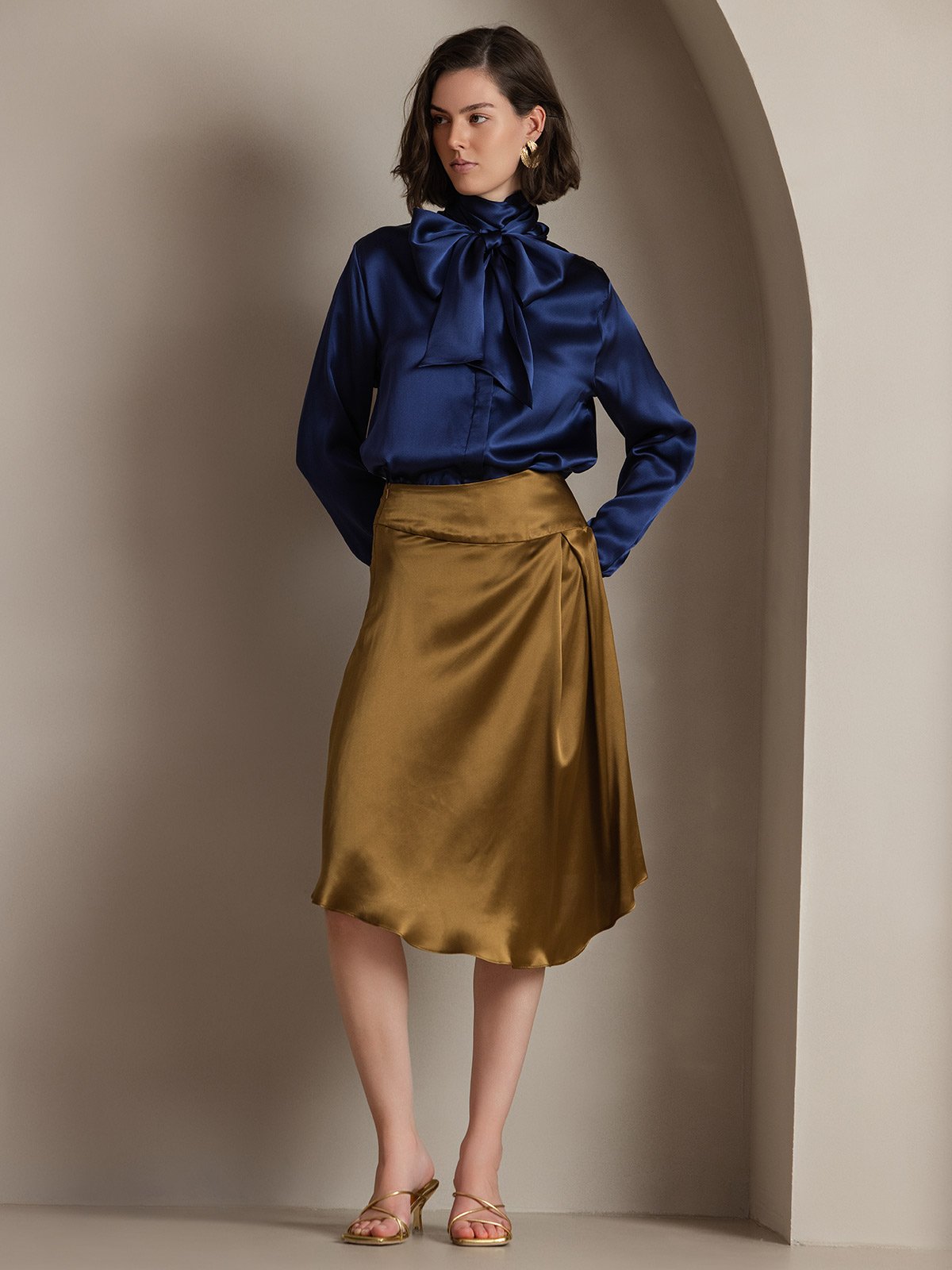 [Mørkeblå] SilkSilky-DK 19Momme Silke Womens Shirt 001