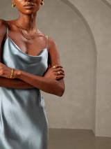 [Gråblå] SilkSilky-DK Sleeveless Cowl Neck Kjole 006