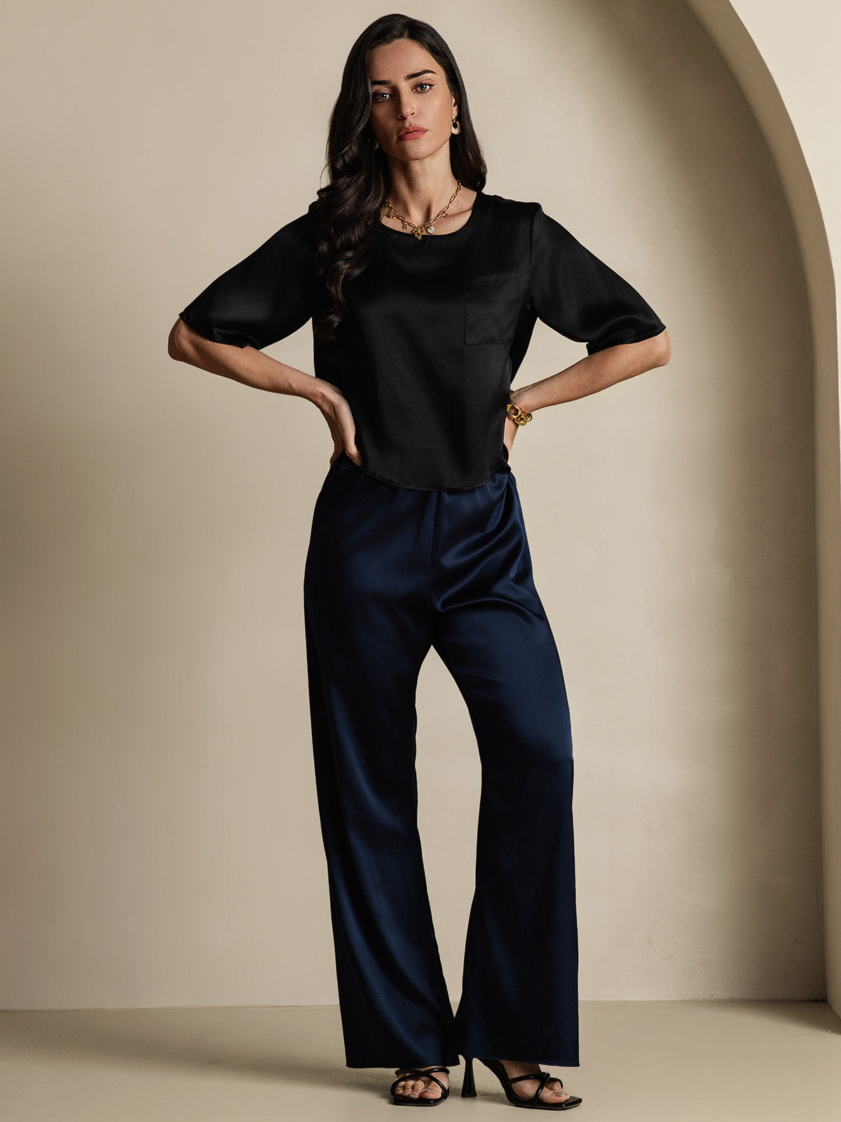 [Sort] SilkSilky-DK Pure Silk Half Sleeve Boat Neck T-shirt til kvinder 006