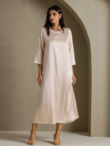 [Beige] SilkSilky-DK 3/4 Sleeve Round Neck Kjole 006