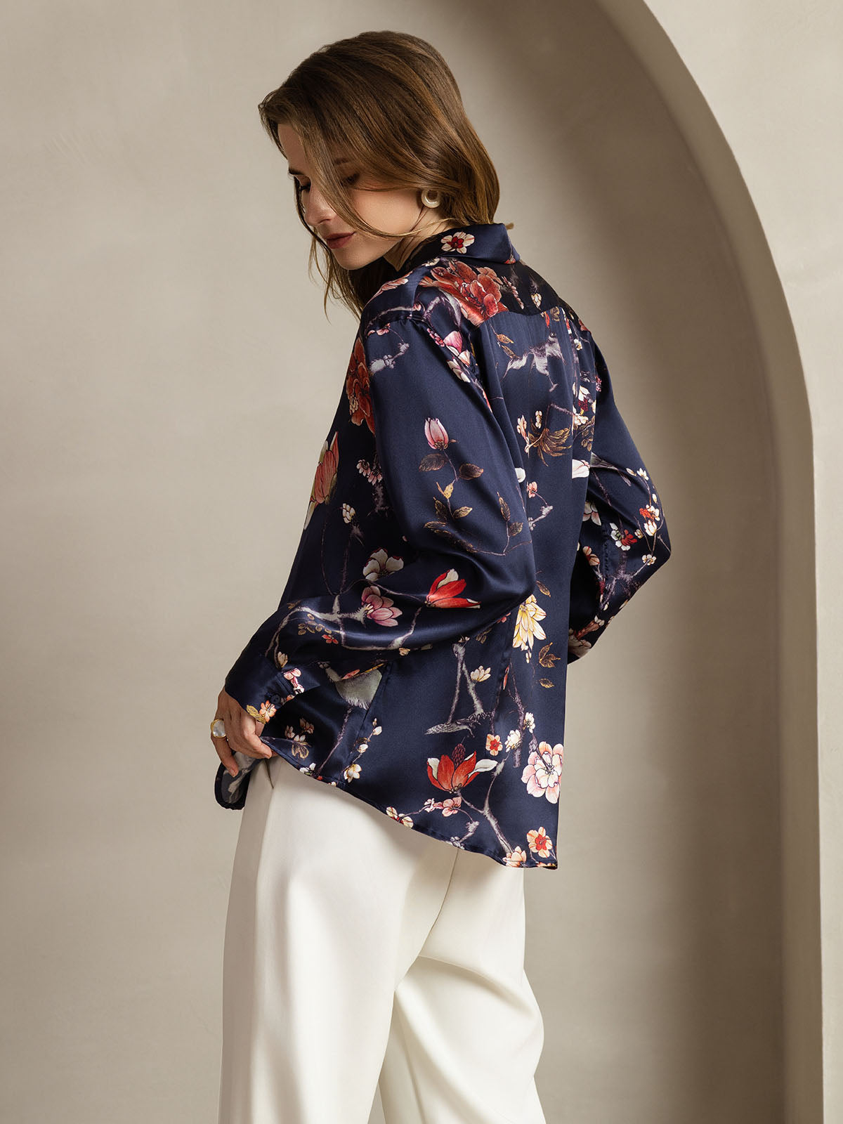 [Marine Blomster] SilkSilky-DK Long Sleeve Lapel Collar Dameskjorte 002