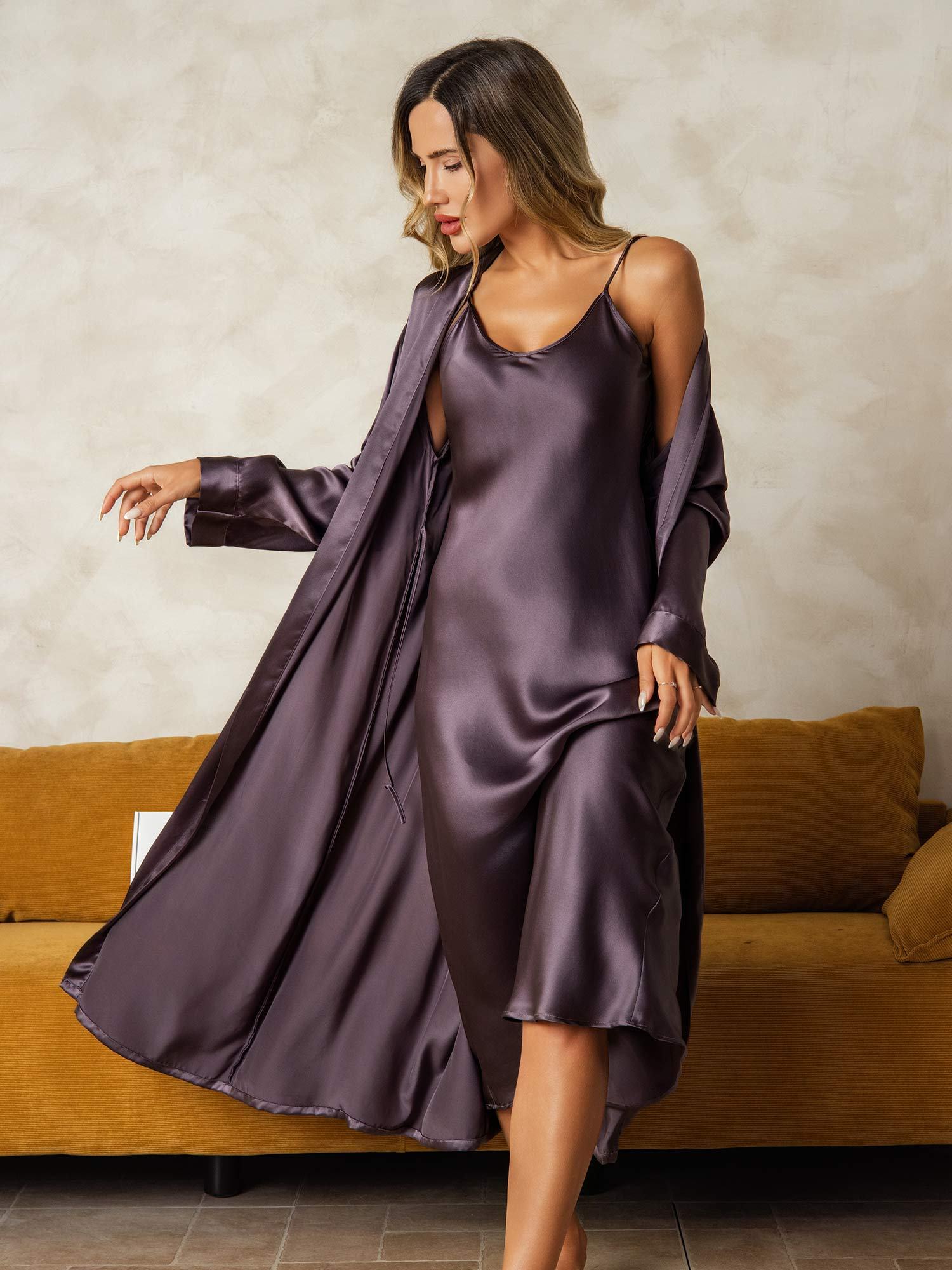 [Lilla Grå] SilkSilky-DK Silke Nightgown&Robe Set 001