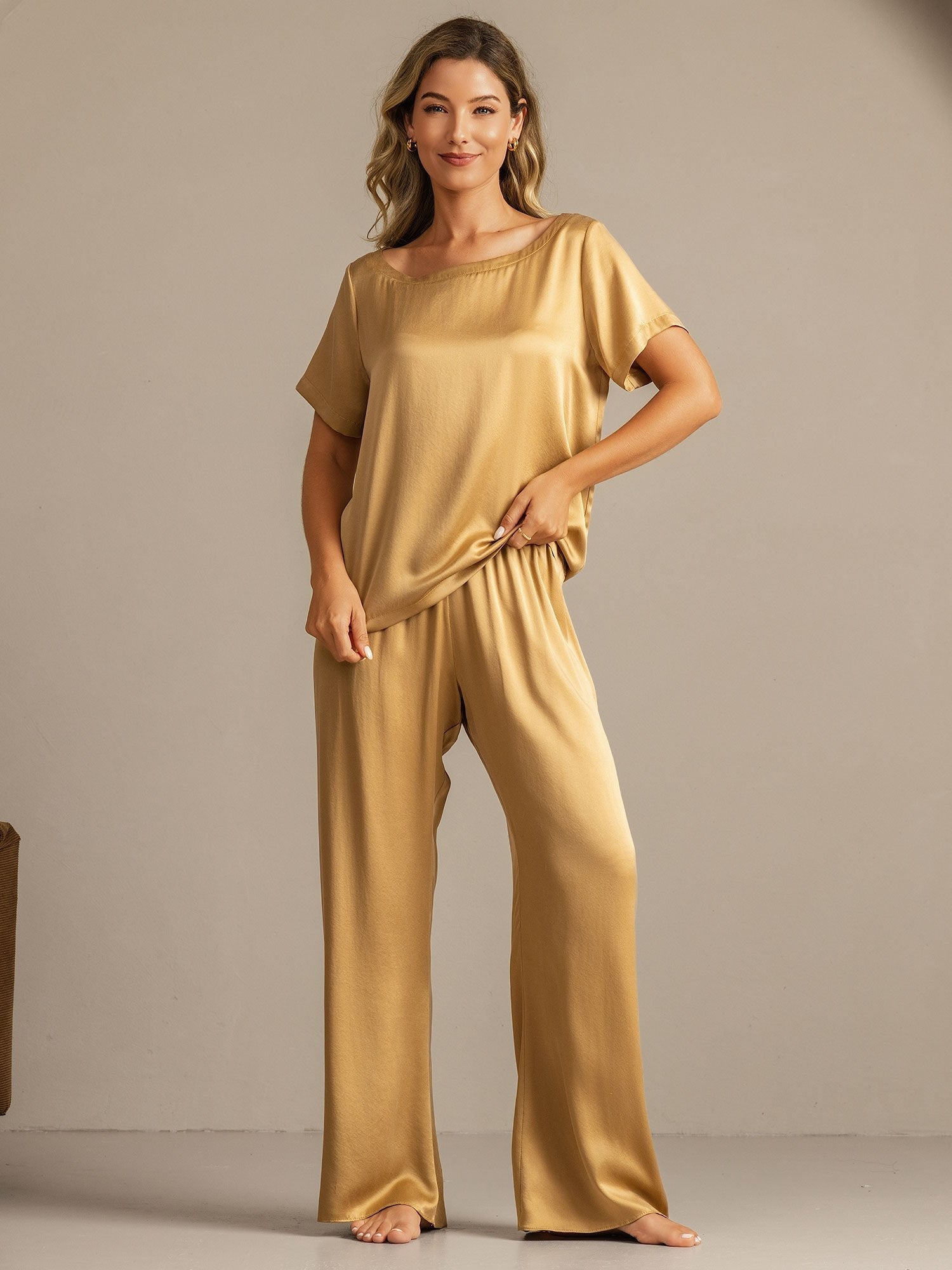 [Tan] SilkSilky-DK 19Momme Silke Womens Pajamas 005