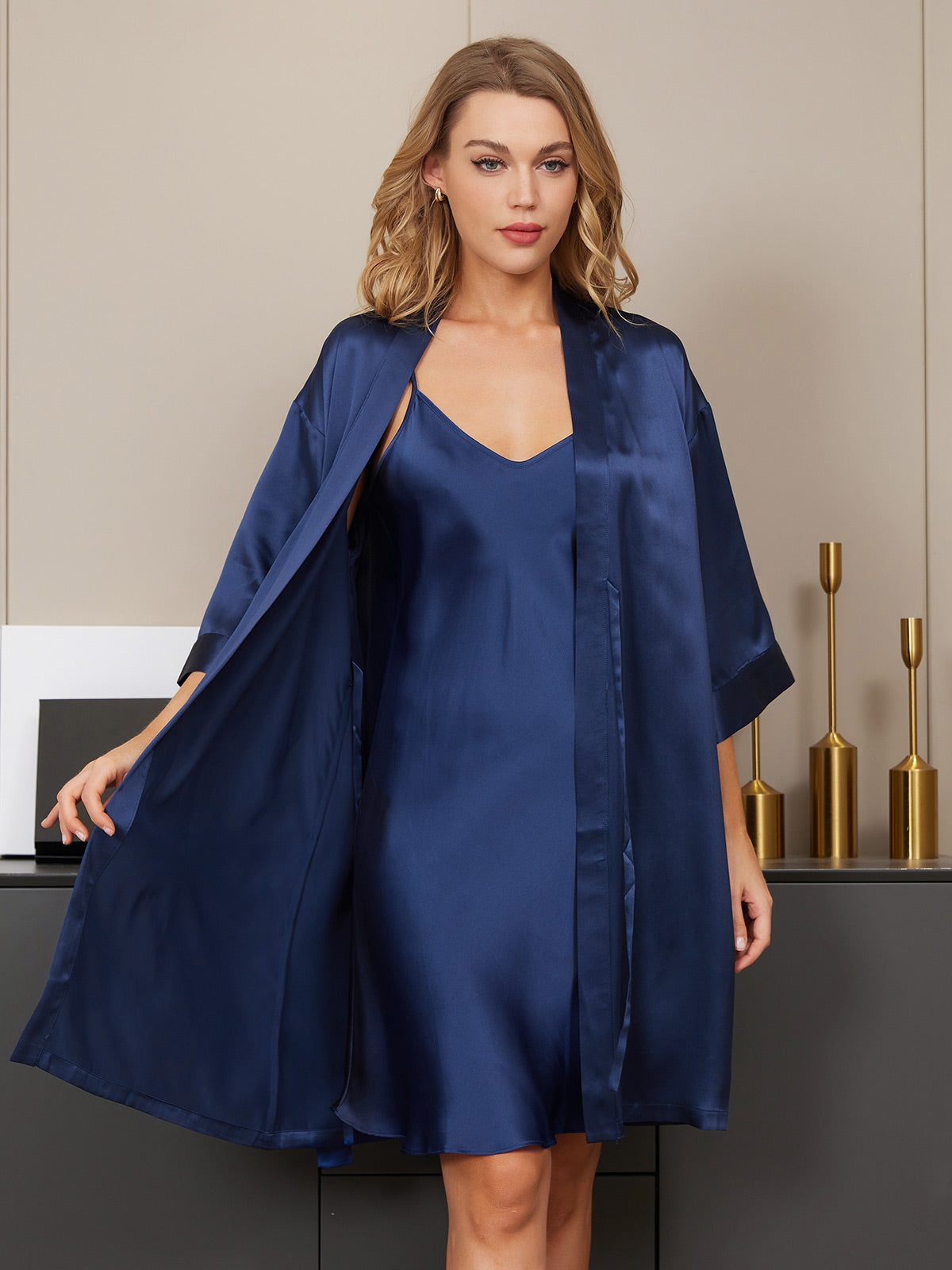 [Mørkeblå] SilkSilky-DK Silke Nightgown&Robe Set 005
