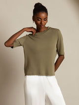 [Brændt Oliven] SilkSilky-DK Half Sleeve Crew Neck T-shirt til kvinder 008