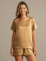 [Tan] SilkSilky-DK 19Momme Kort ærme Rund Hals Dame Pyjamas 001