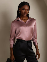 [Bleg Mauve] SilkSilky-DK 3/4 Sleeve Lapel Collar Dameskjorte 001