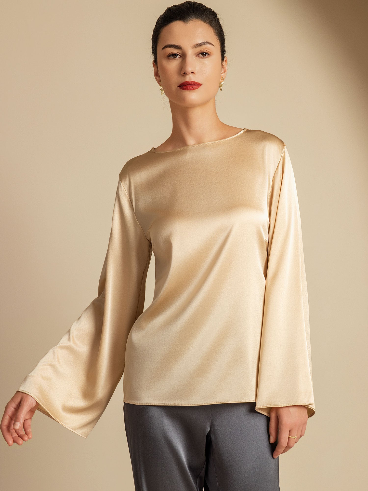 [Champagne] SilkSilky-DK 19Momme Silke Womens T-Shirt 001