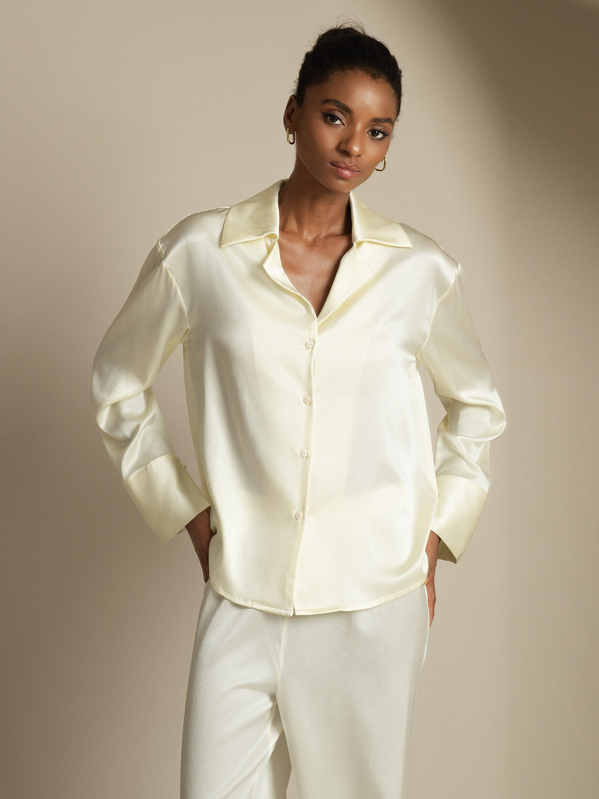 [Elfenben] SilkSilky-DK 19Momme Silke Womens Shirt 005