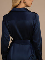 [Mørkeblå] SilkSilky-DK Long Sleeve Lapel Collar Kjole 005