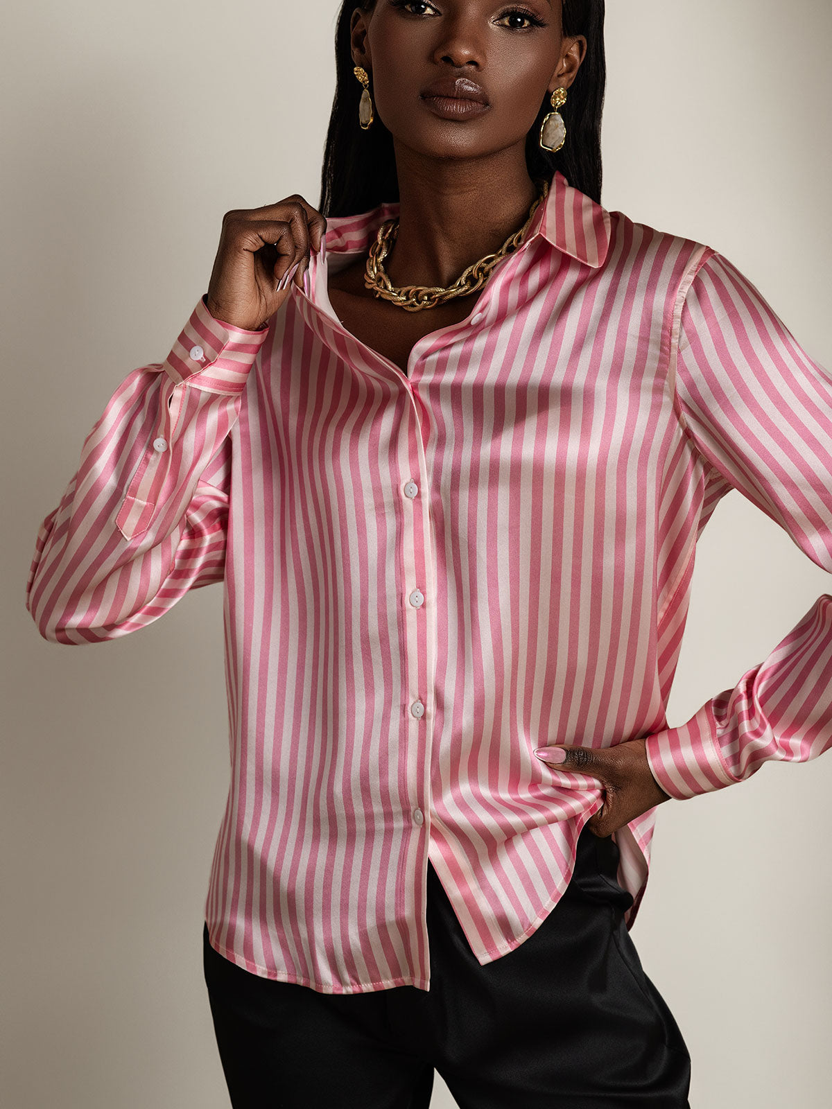 [Lyserød] SilkSilky-DK Silke Lapel Collar Dameskjorte 003
