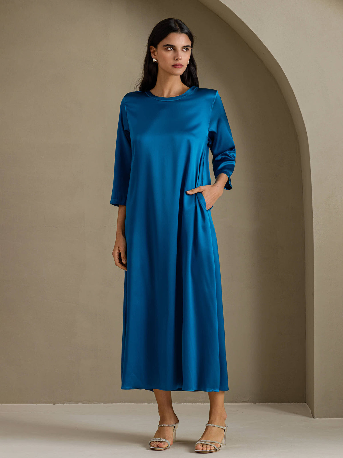 [Blågrøn] SilkSilky-DK 3/4 Sleeve Round Neck Kjole 001