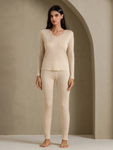 [Beige] SilkSilky-DK Long Sleeve V Neck Dame Lange Underbukser 001