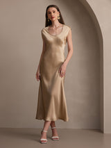 [Champagne] SilkSilky-DK Kappeærmer Scoop Neck Kjole 007