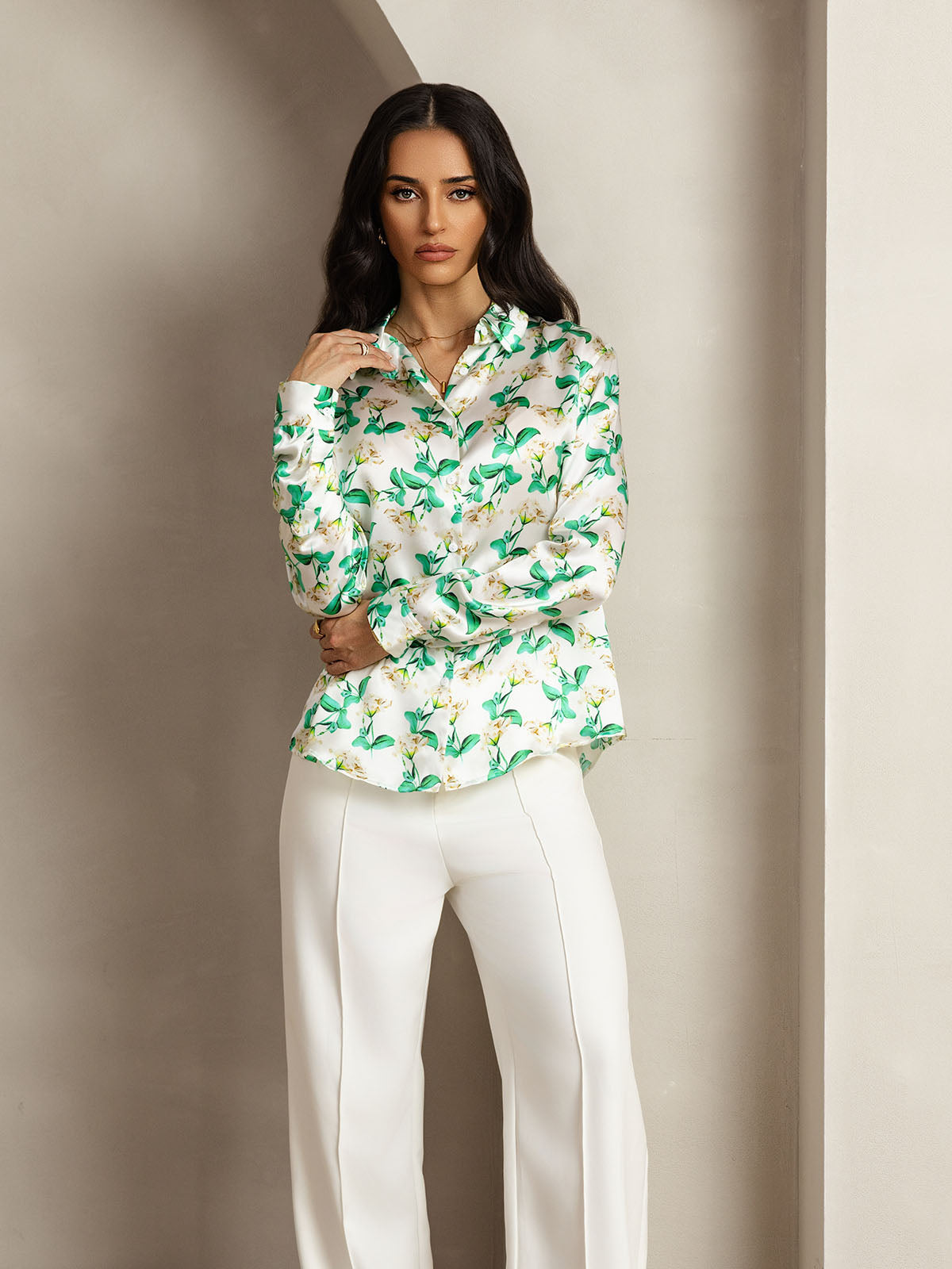 [Grøn Blomster] SilkSilky-DK Silke Lapel Collar Dameskjorte 006