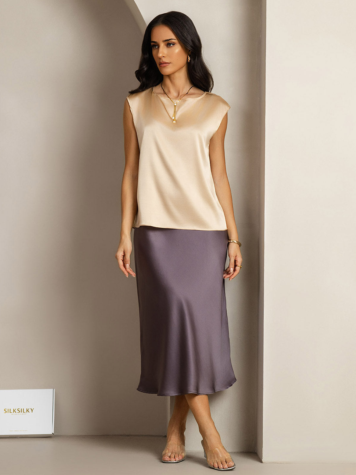 [Champagne] SilkSilky-DK 19Momme Silke Womens T-Shirt 003