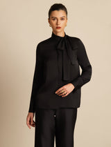 [Sort] SilkSilky-DK 19Momme Langærmet Bindekrage Bluse 004