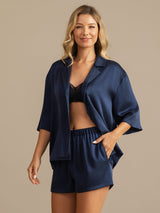 [Mørkeblå] SilkSilky-DK 19Momme Halv ærme Notchkrage Dame Pyjamas 003