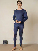[Mørkeblå] SilkSilky-DK Langærmet Rund Hals Herre Lange Underbukser 001