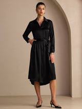 [Sort] SilkSilky-DK Long Sleeve Lapel Collar Kjole 001