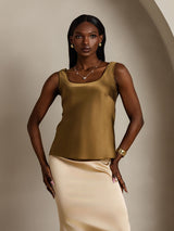 [Brun] SilkSilky-DK 19Momme Ærmeløs Dyb Rund Halsudskæring Camisole Top 001