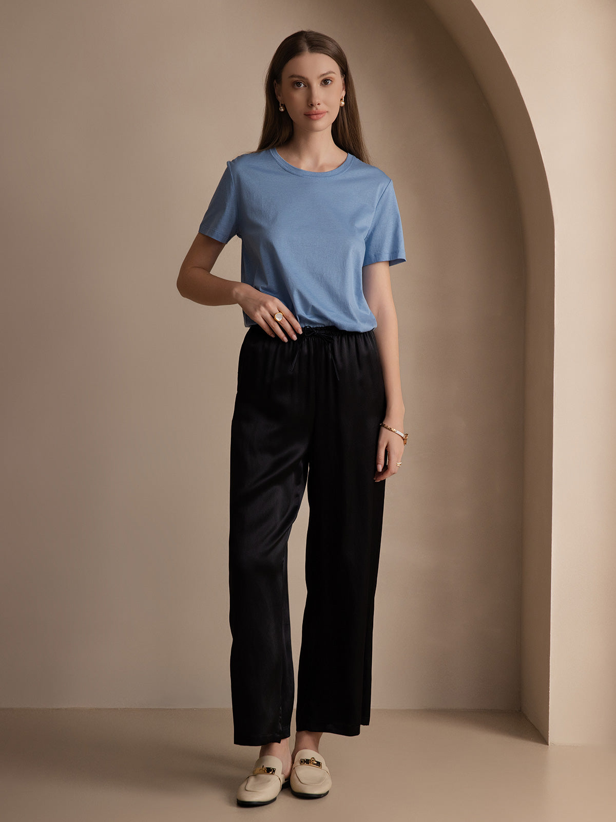 [Blå] SilkSilky-DK Silk Knitted Short Sleeve Round Neck T-shirt til kvinder 005
