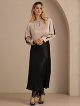 [Tan] SilkSilky-DK Long Sleeve Keyhole Neck Damebluser 007