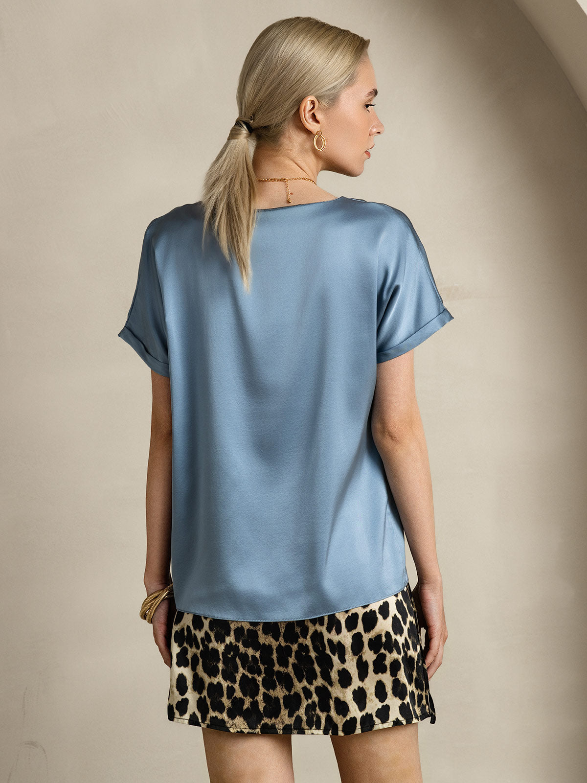 [Gråblå] SilkSilky-DK 19Momme Silke Short Sleeve Round Neck T-shirt til kvinder 002
