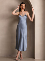 [Gråblå] SilkSilky-DK Sleeveless V Neck Kjole 006