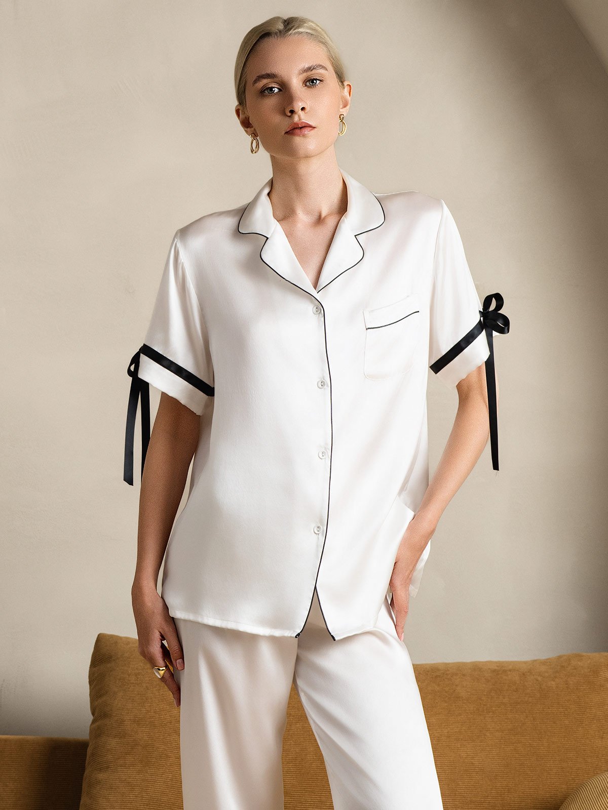 [Hvid] SilkSilky-DK Silke Short Sleeve Revers Dame Pyjamas 006