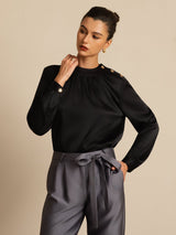 [Sort] SilkSilky-DK 19Momme Langærmet Rund Hals Bluse 001