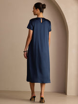 [Mørkeblå] SilkSilky-DK Short Sleeve Round Neck Kjole 002