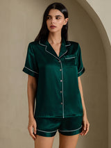 [Mørkegrøn] SilkSilky-DK Short Sleeve Lapel Collar Dame Pyjamas 001