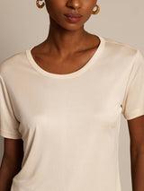 [Beige] SilkSilky-DK Kort ærme Rund Hals T-shirt til kvinder 003