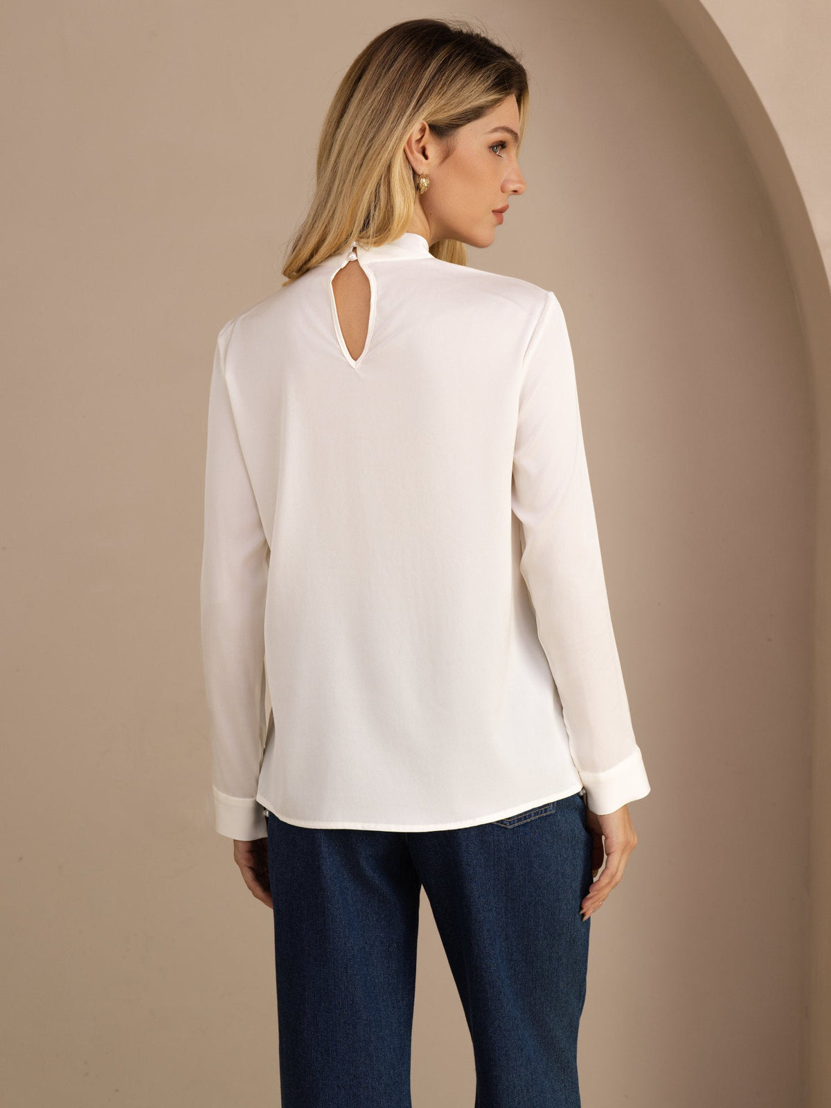 [Hvid] SilkSilky-DK Long Sleeve Stand Collar Damebluser 002